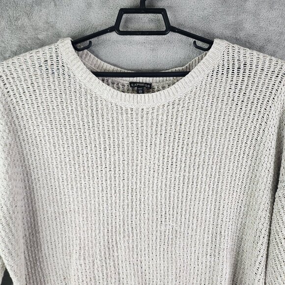 Womens Beige Express Open Knit Sweater 3/4 Sleeve Round Neck Size M/L - Picture 4 of 12